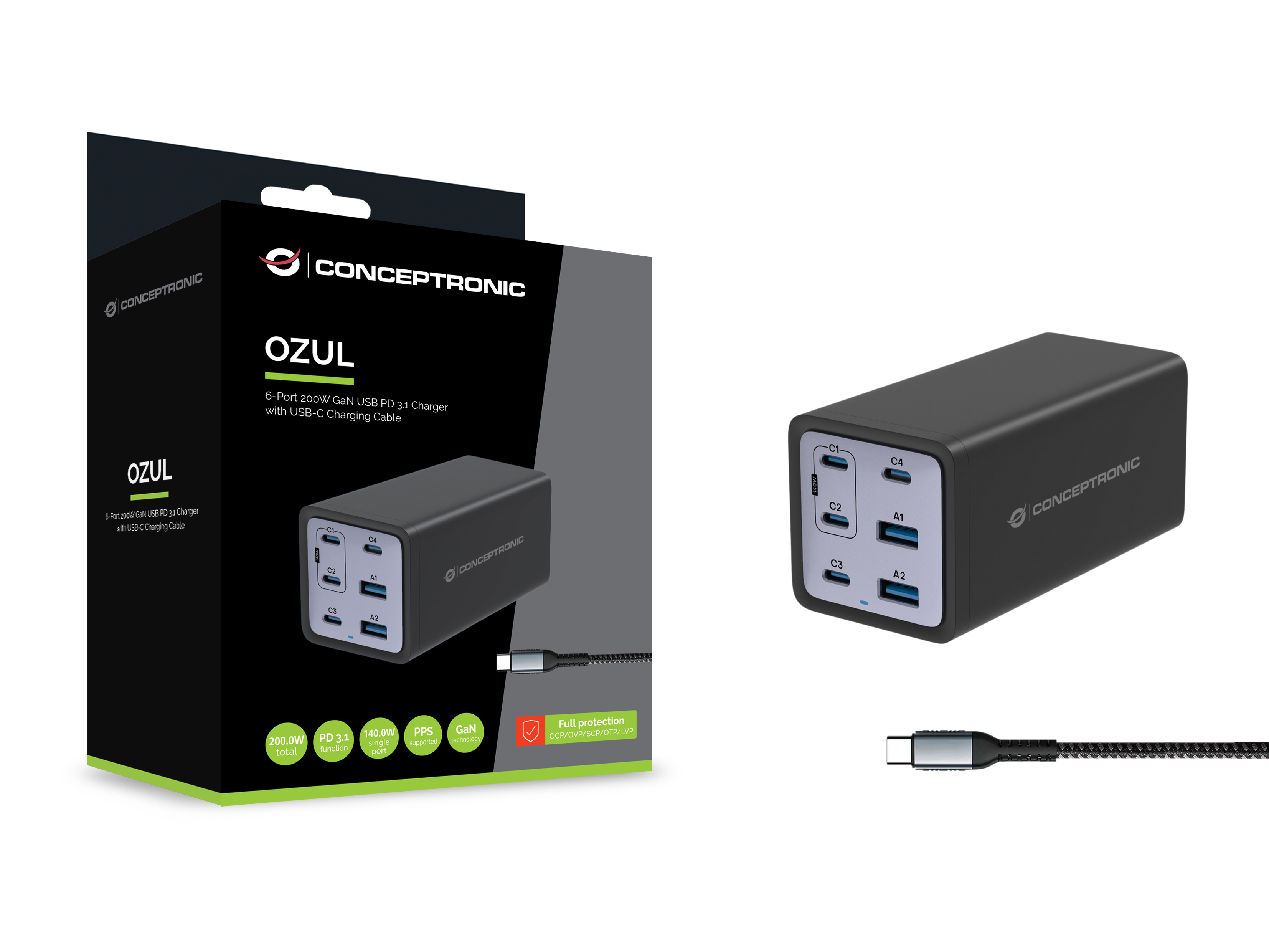 Conceptronic OZUL06BE Ladegerät 200W GaN 4x USB-C 2x USB-A Schwarz