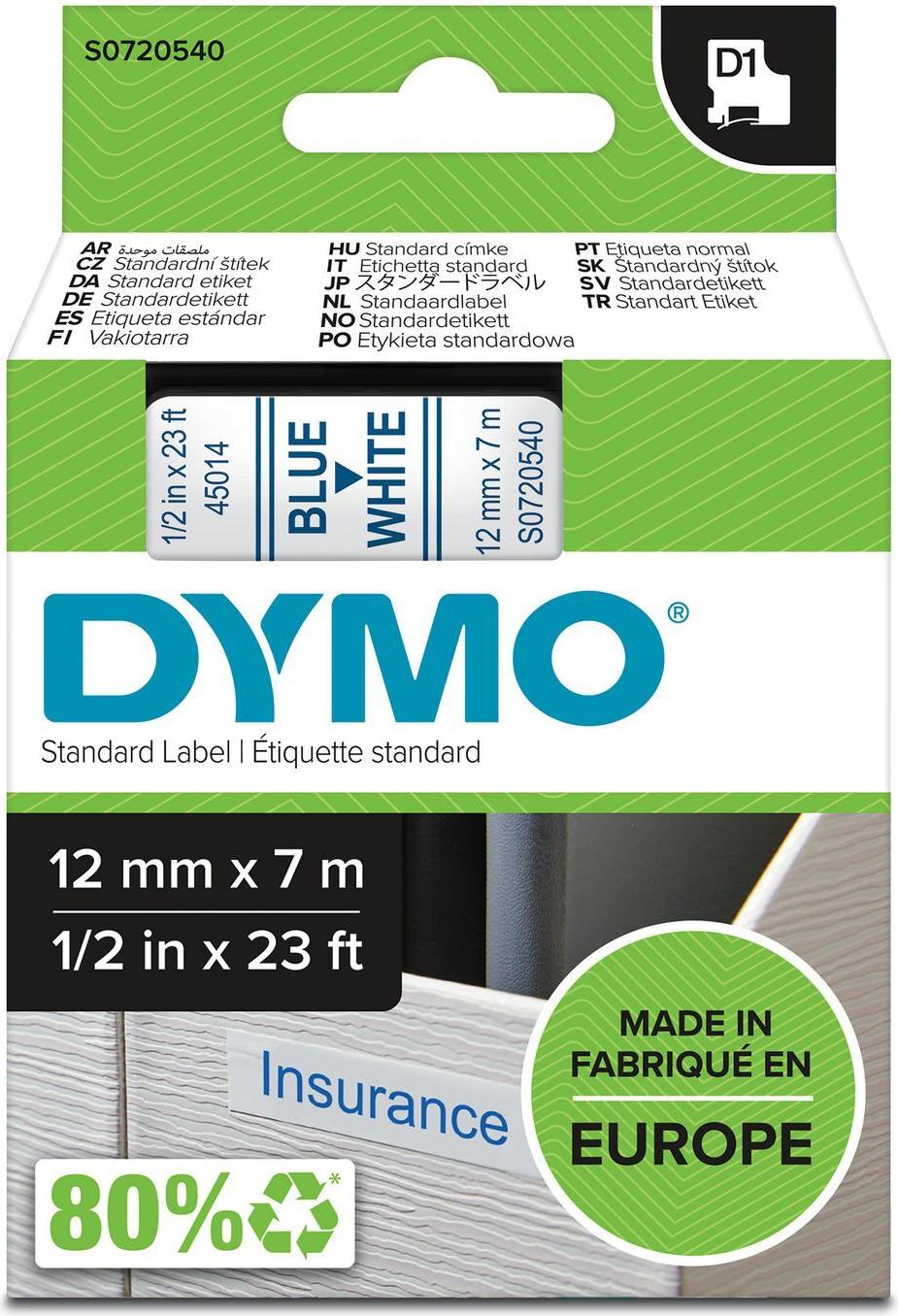 Dymo D1 Etikettenband 12 mm x 7 m Blau auf Weiß