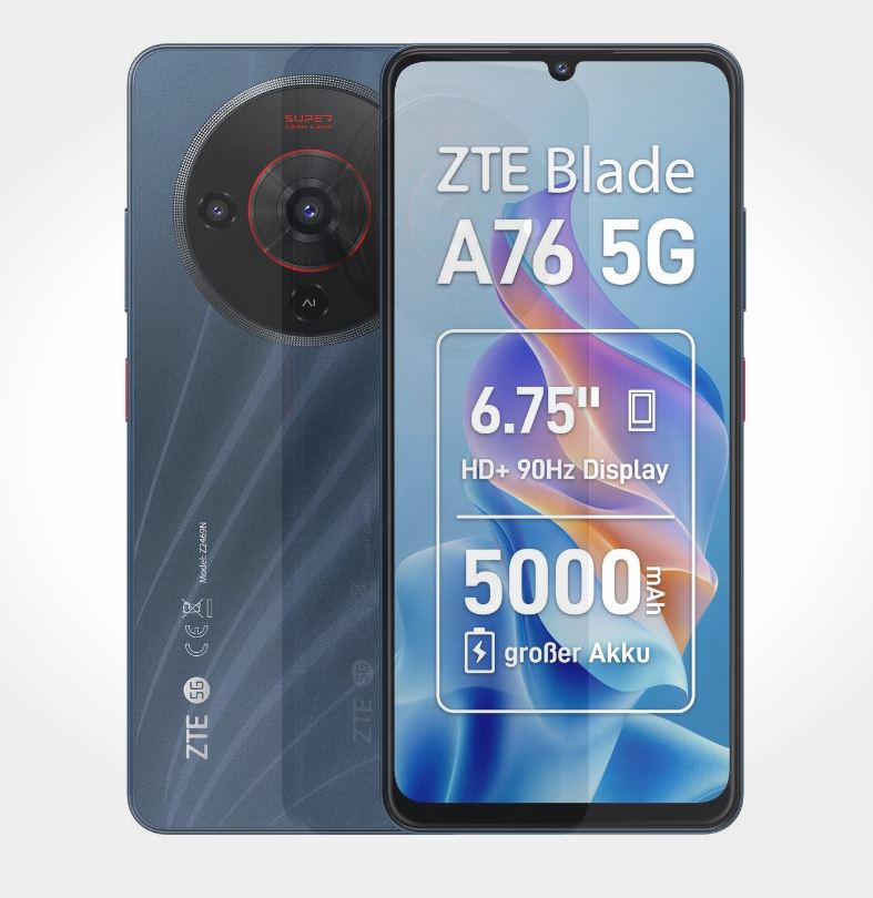 ZTE Blade A76 128 GB 5G Smartphone 17,1 cm (6.75 Zoll) Android 50 MP Einzelne Kamera Kamera Dual Sim WiFi 5 (Stardust Black) [Energieklasse B] (123452601009)