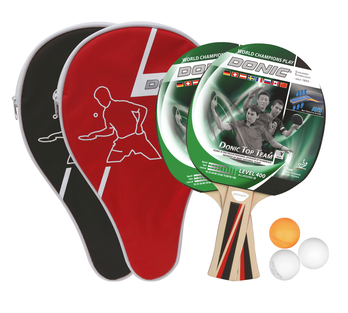Donic Schildkröt Top Team 400 Tischtennis-Set mit 2 Schlägern, 3 Bällen und Tragetasche Grün/Rot