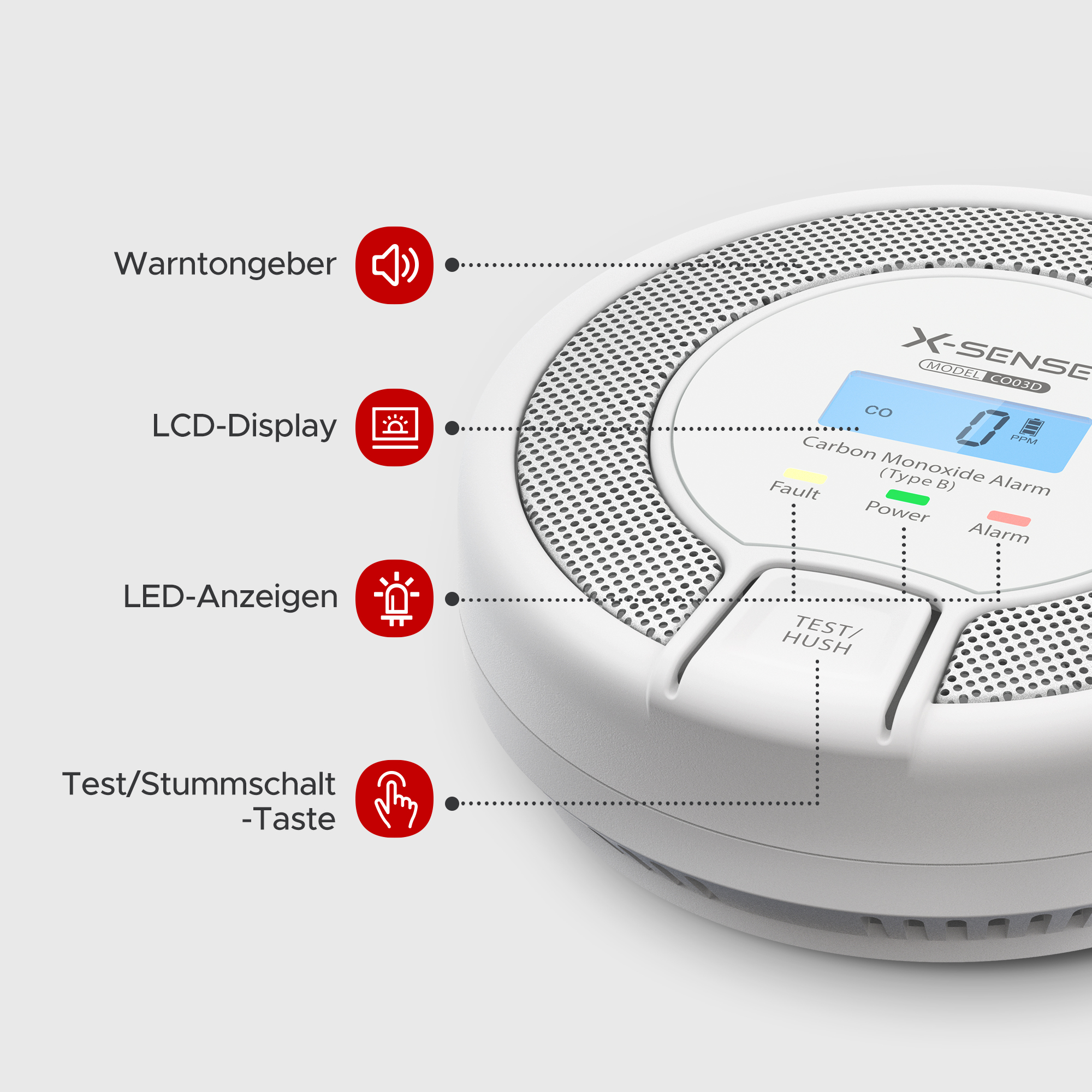 X-Sense CO3D Kohlenmonoxid-Melder Kabelgebunden 85 dB Lithium Weiß Grau