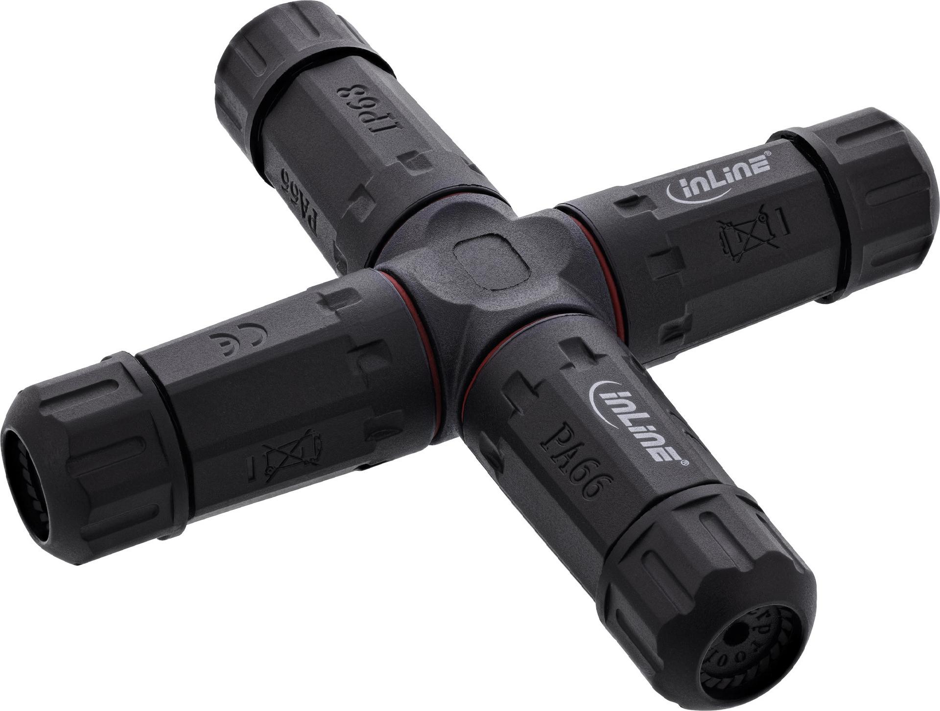 InLine Netzkabelkupplung IP68 3-polig 4-Wege M20 schwarz (69927V)