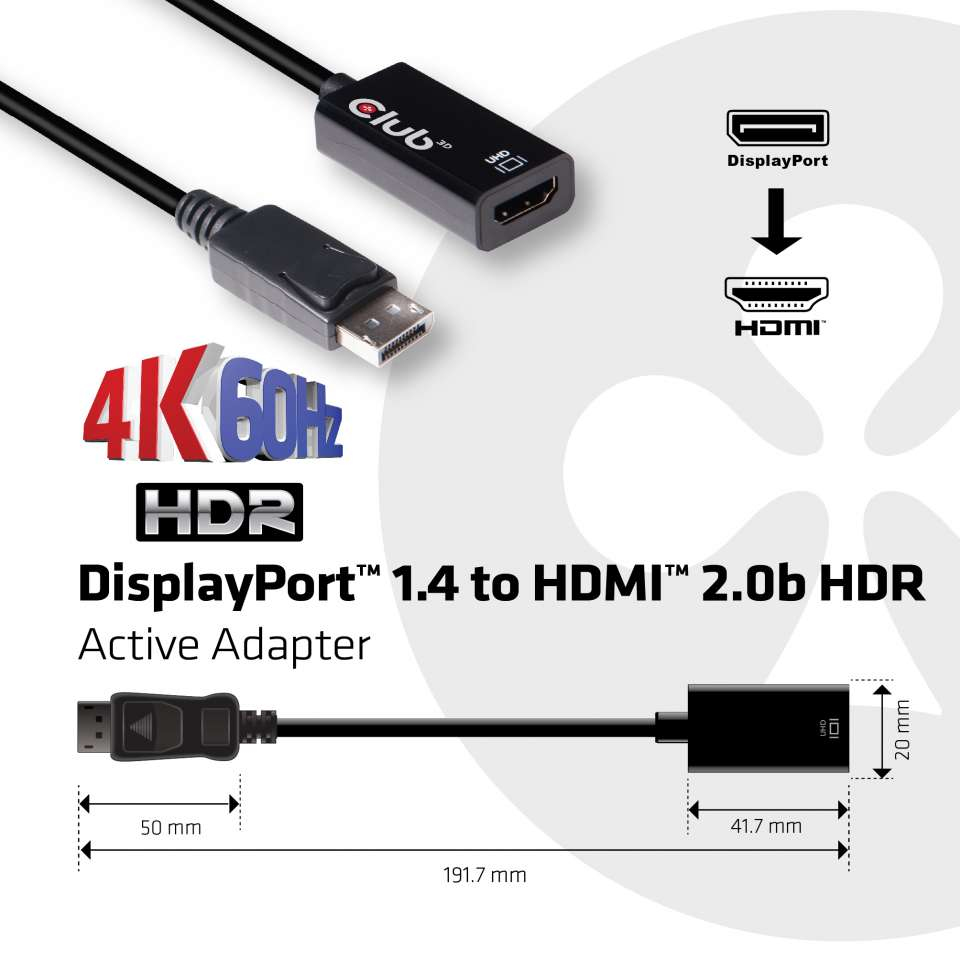 Club 3D CAC-1080 DisplayPort 1.4 auf HDMI 2.0a HDR Aktiver Adapter Schwarz
