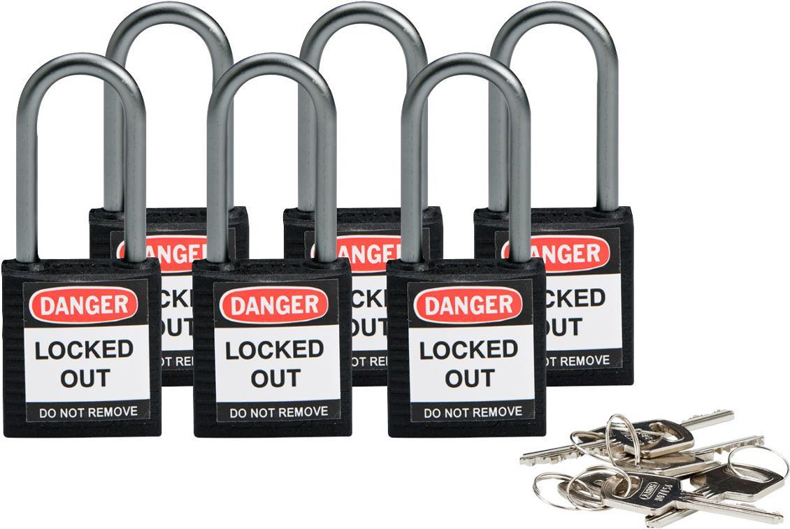 Brady, kompaktes Sicherheitsschloss Nylon, Schwarz, 38mm Bügelhöhe, 4,7mm Aluminium-Schließbügel (Keyed Different) (6er Pack) (814125)