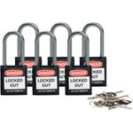 Brady, kompaktes Sicherheitsschloss Nylon, Schwarz, 38mm Bügelhöhe, 4,7mm Aluminium-Schließbügel (Keyed Different) (6er Pack) (814125)