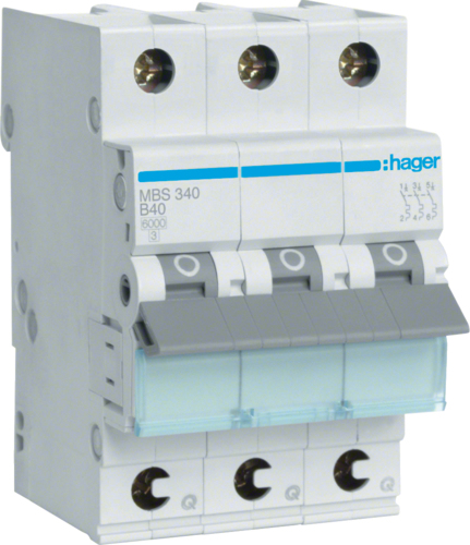 Hager MBS340. Nennstrom: 40 A. Typ: B-type, Module Menge (max): 3 Modul(e). Breite: 52,5 mm, Tiefe: 70 mm, Höhe: 83,4 mm (MBS340)