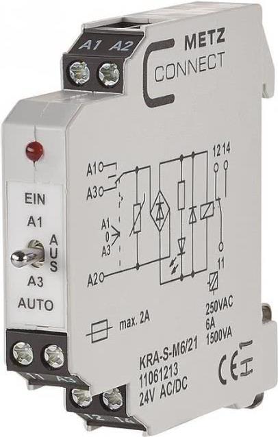 METZ CONNECT KRA-S-M6/21. Produktfarbe: Weiß, Temperaturbereich in Betrieb: -20 - 55 °C. AC Eingangsspannung: 24 V, AC-Ausgangsspannung: 250 V, Stromstärke: 8 A. Abmessungen (BxTxH): 11,2 x 60 x 87,5 mm (11061213)