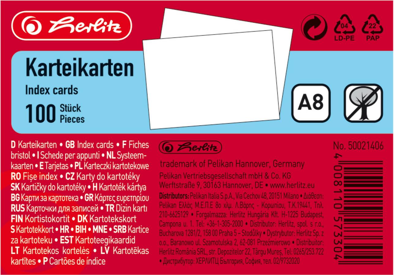 Herlitz Karteikarte A8 blanko weiß 100 Stück eingeschweißt - 10 Stück (50021406)