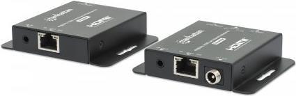 MANHATTAN 4K@30Hz HDMI over Ethernet Extender Set HDMI-Signalverlängerung mit 4K@30Hz bis zu 40 m oder 1080p@60Hz bis zu 70 m über ein einzelnes Cat6-Netzwerkkabel, Sender- und Empfängermodul, Power over Cable (PoC), schwarz (168397)