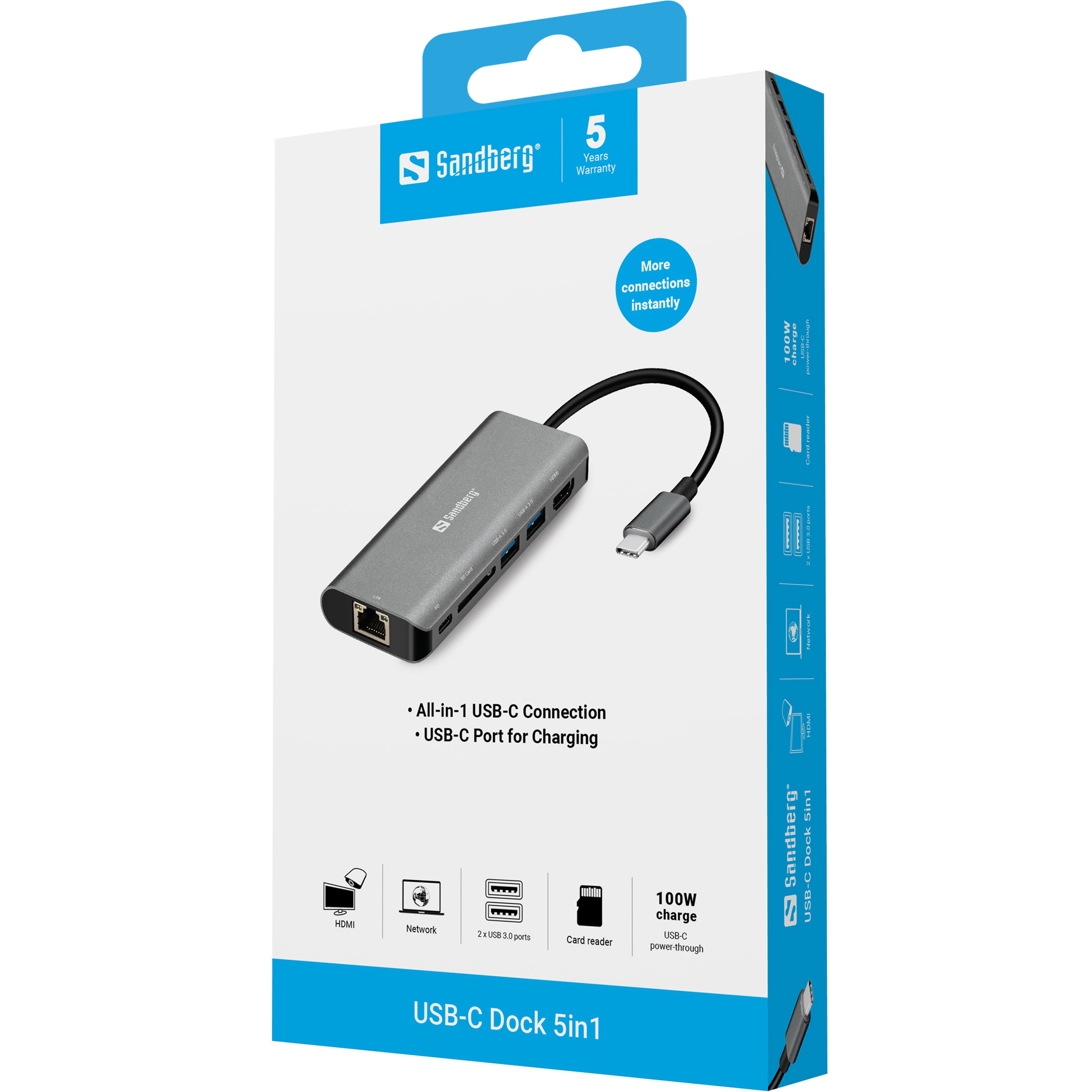 Sandberg USB-C Dock HDMI LAN SD USB 61W Weiß
