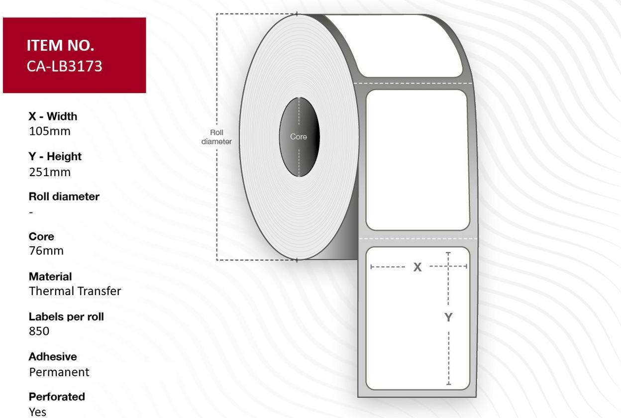 Capture Label 105 x 251mm, Core 76mm, Polypropylene, Perforated, 850 labels per roll, 4 rolls per box (CA-LB3173)