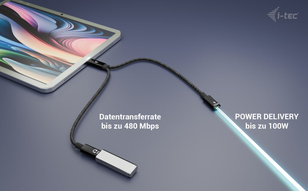 i-tec USB-C Kabel-Splitter Audio/Daten + Power Delivery 100 W, 30 cm, Schwarz