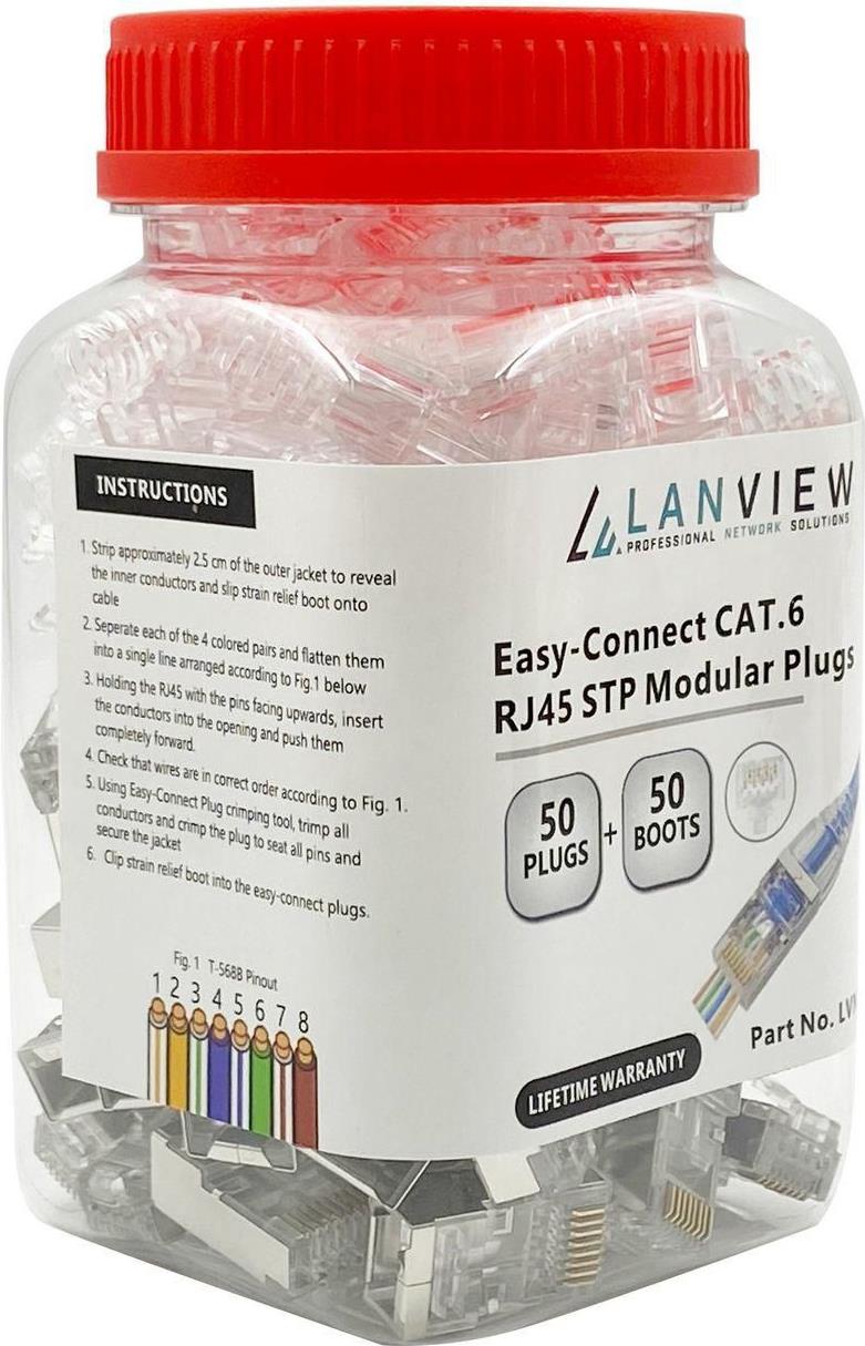 Lanview AWG23-24 stranded/solid. Stecker: RJ45, Produktfarbe: Transparent, Steckerverbindergeschlecht: Männlich. Menge pro Packung: 50 Stück(e). Verpackungsart: Kunststoff-Glas (LVN125310)