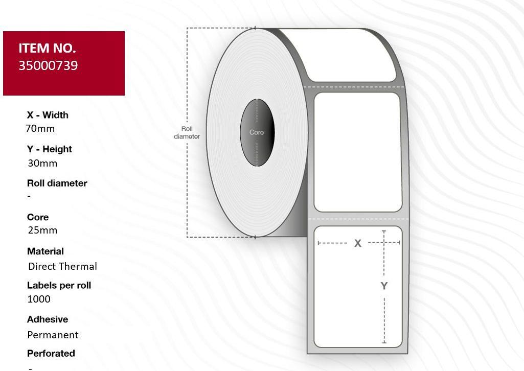 Capture Label 70x30 - Core 25. White. Perforation. 1.000 labels per roll. 24 rolls per box. Black Mark (35000739-24ROLLS)