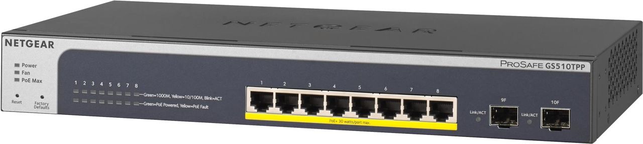 NETGEAR 8-Port PoE+ Gigabit Ethernet Smart Managed Switch mit 2 SFP Ports 190W GS510TPP (GS510TPP-100EUS)