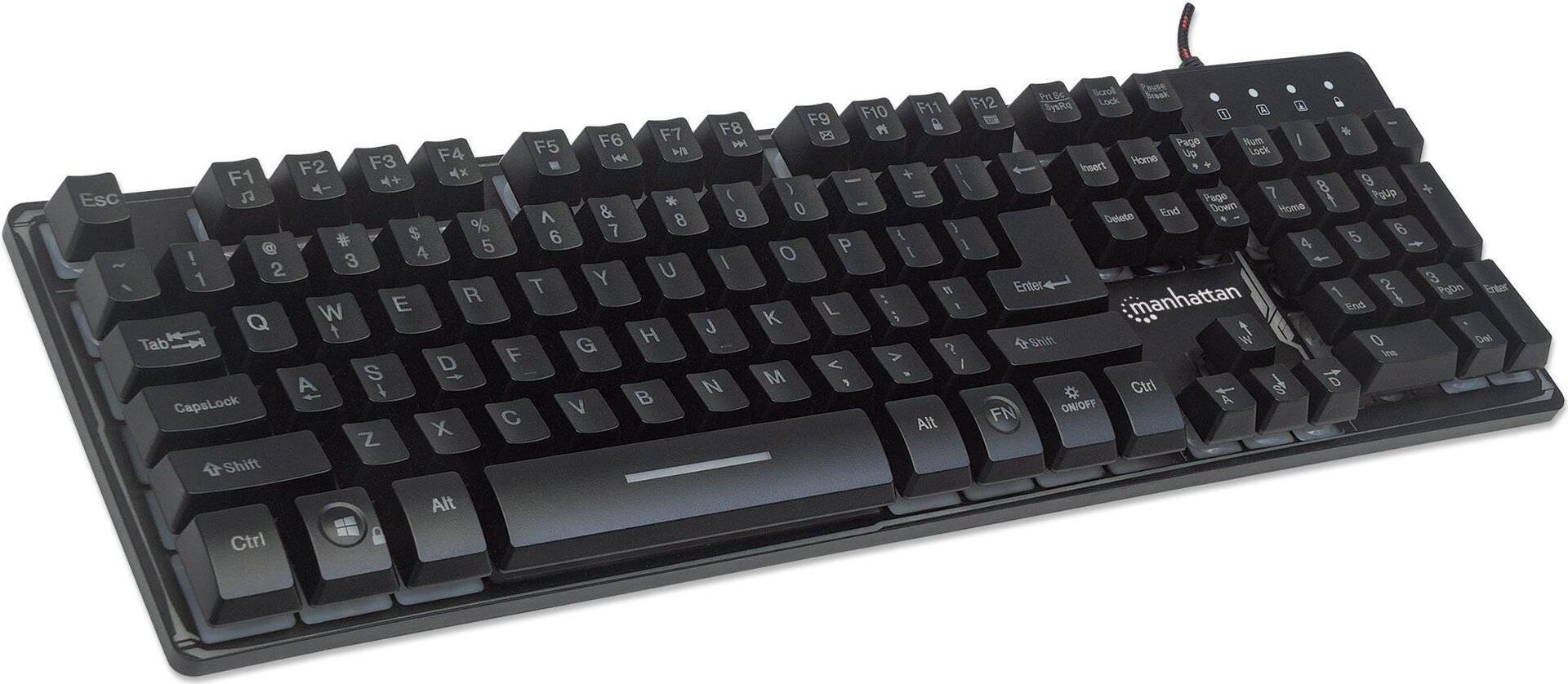 MANHATTAN USB-Gaming-Tastatur mit LEDs und Metallunterseite 12 Funktionstasten, Metallunterseite, farbige LED-Hintergrundbeleuchtung, 19 Anti-Ghosting-Tasten, Schutzklasse IPX4 (spritzwassergeschützt), schwarz (178457)
