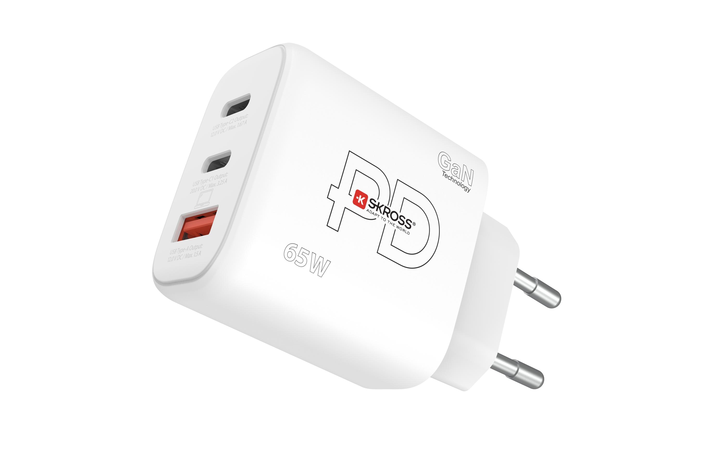 SKROSS Power Charger 65W PD GaN EU 2x USB-C 1x USB-A Weiß