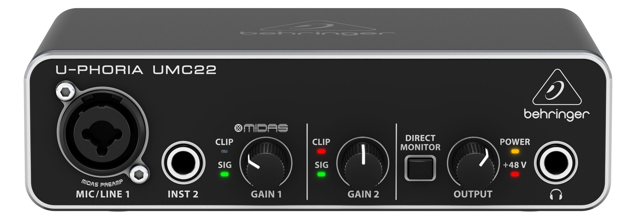 Behringer UMC22 Vorverstärker 2x2 USB 48 kHz MIDAS Mic/Line Schwarz