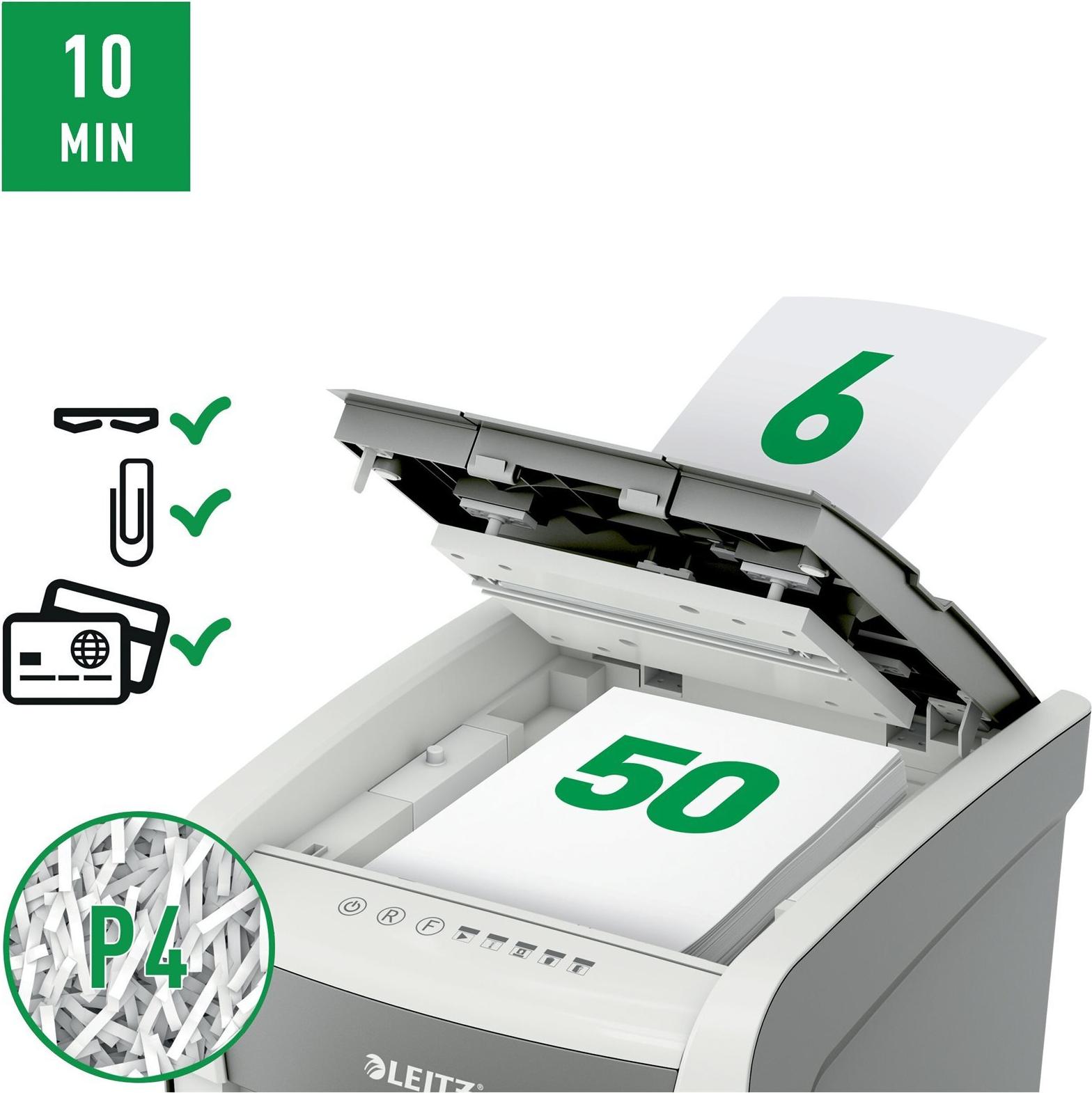 Leitz IQ Autofeed Small Office 50 Aktenvernichter Partikelschnitt 4 x 28 mm P-4 Weiß