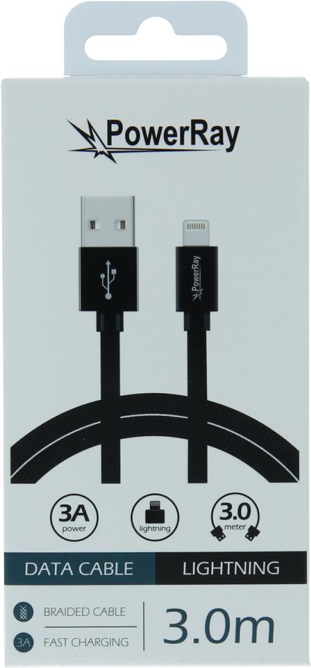 PowerRay Data Cable PR-DCUL300TBK, USB / LIGHTNING, 3.0 m, Textile black, Blister (PR-DCUL300TBK)