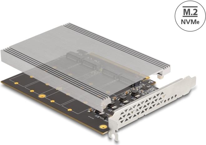 Delock PCI Express x16 Karte zu 4 x intern NVMe M.2 Key M mit Kühlkoerper - Bifurcation LxB (90210)