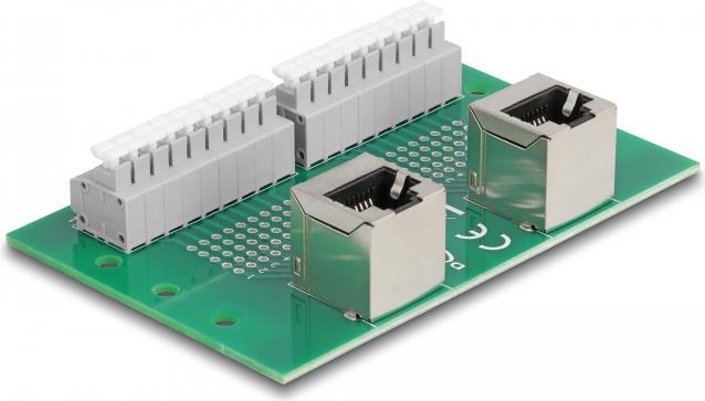 Delock RJ45 2 x Buchse zu 2 x Terminalblock mit Drucktaster für Hutschiene gewinkelt (66995)