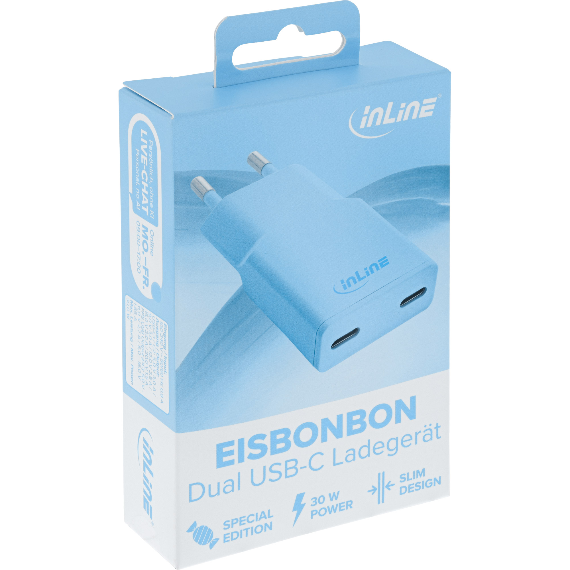 InLine USB-C Ladegerät 30W GaN Dual USB-C PD/PPS Eisbonbon/blau