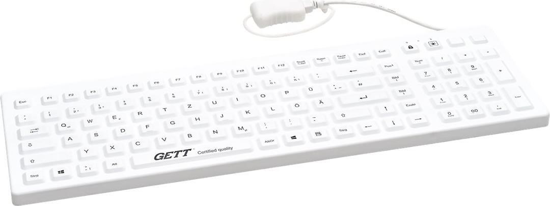 GETT CleanType Prime Pro+ Silikon-Tastatur USB IP68 Beleuchtet 110 Tasten Deutsch Weiß