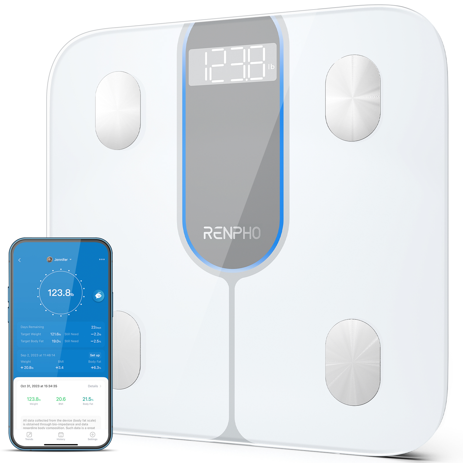 Renpho ELIS 1C Elektronische Personenwaage 180 kg Bluetooth Weiß
