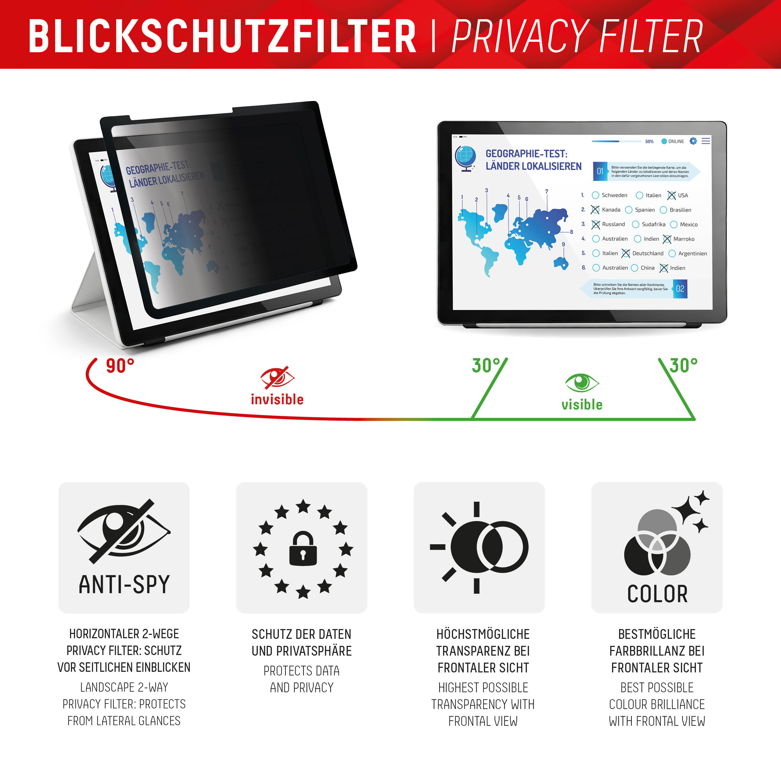 E.V.I. DISPLEX Tablet Privacy Safe Blickschutzfilter für iPad 10,9"/11"/Air 11" Schwarz
