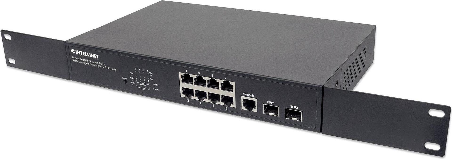 Intellinet 8-Port Gigabit Ethernet PoE+ Web-Managed Switch mit 2 SFP Ports 20 Gbit/s Schwarz
