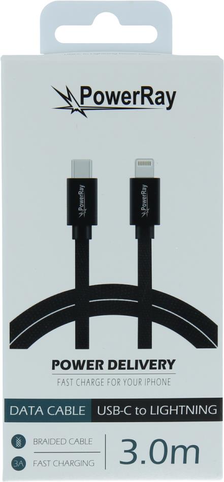 PowerRay Data Cable PR-DCCL300TBK, USB-C / LIGHTNING, 3.0m Textile black, Blister (PR-DCCL300TBK)