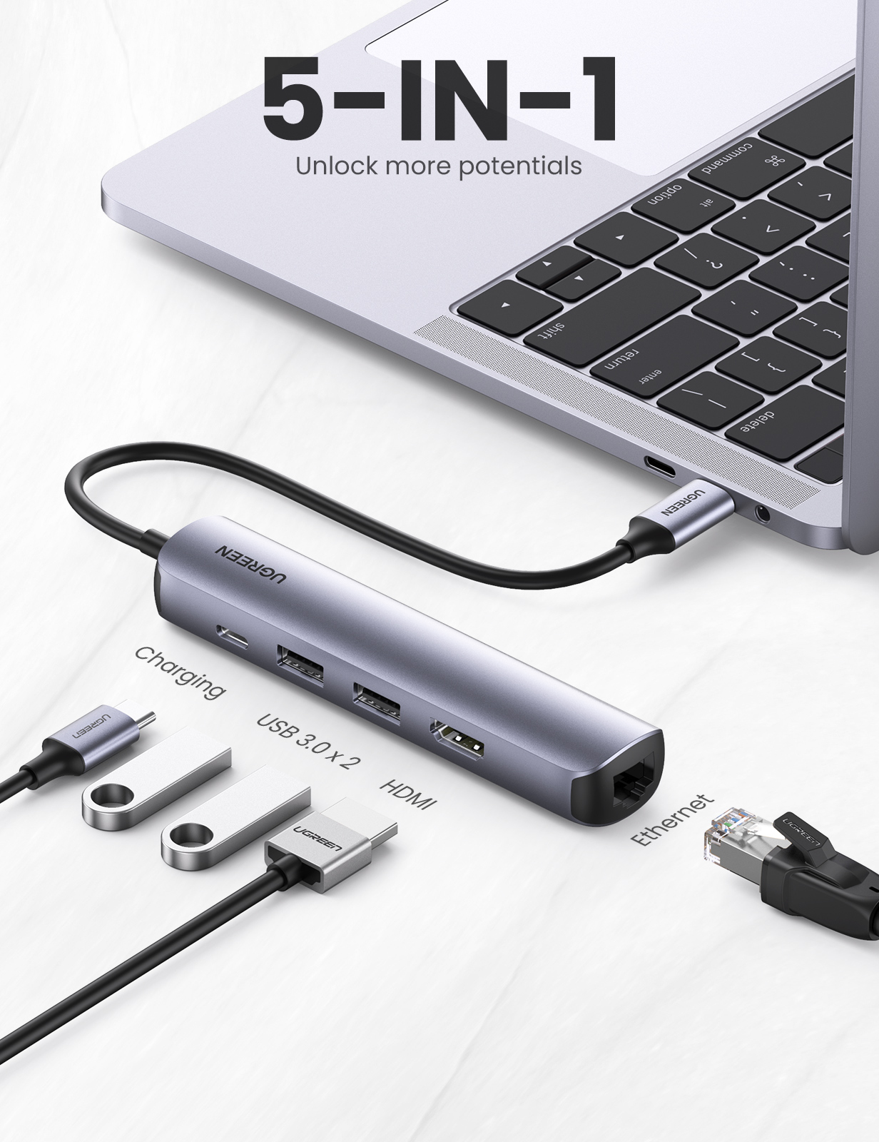 Ugreen 10919 USB-C Hub 5-in-1 Dockingstation HDMI 1GbE Power Delivery 87 W Schwarz