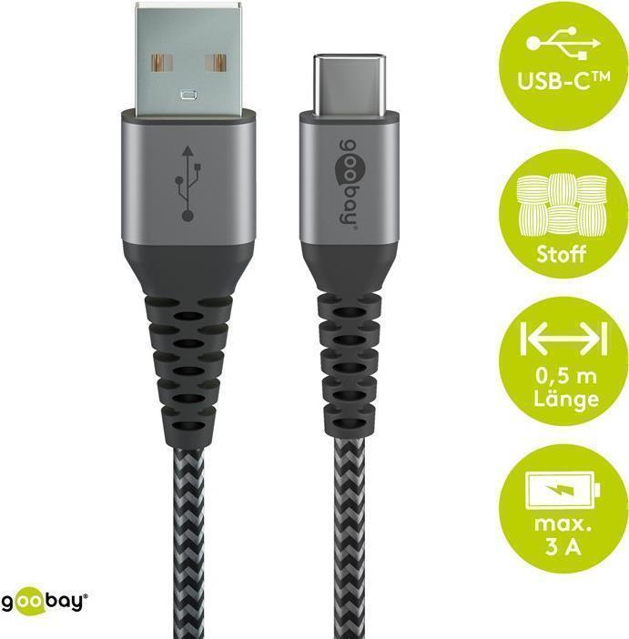Goobay USB-C™ auf USB-A Textilkabel mit Metallsteckern (space grau/silber) 0,5 m, 0.5 m, Schwarz-Grau - elegantes und extra-robustes Verbindungskabel für Geräte mit USB-C™ Ansc (49295)
