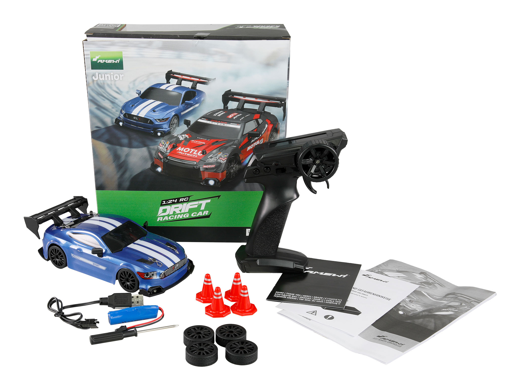 Amewi Drift Racing Car 4WD 1 24 RTR blau mit Unterbodenbeleu (21111)