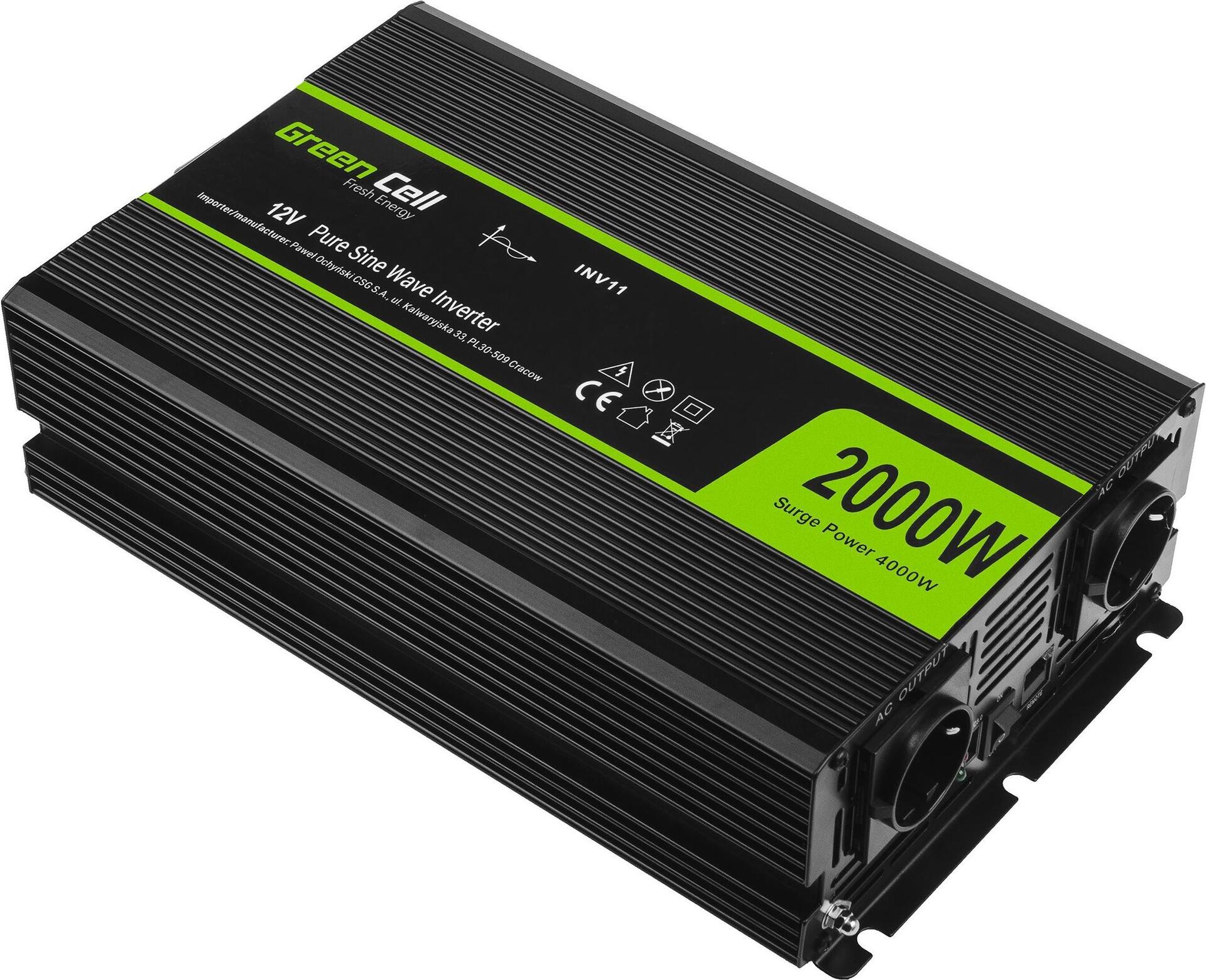 Green Cell INV11 Spannungswandler 12 V auf 230 V 2000 W Schwarz