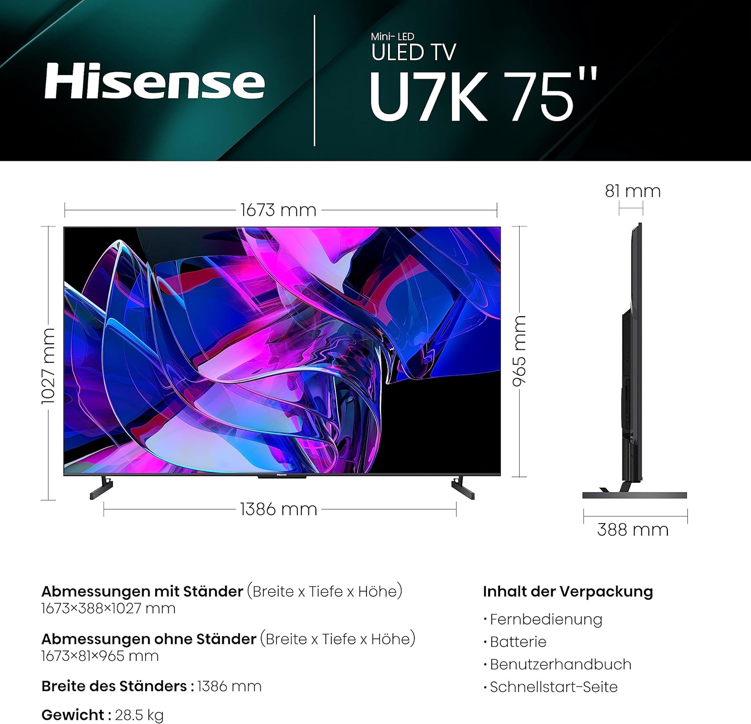 Hisense U7KQ 75U7KQ. Bildschirmdiagonale: 190,5 cm 75"