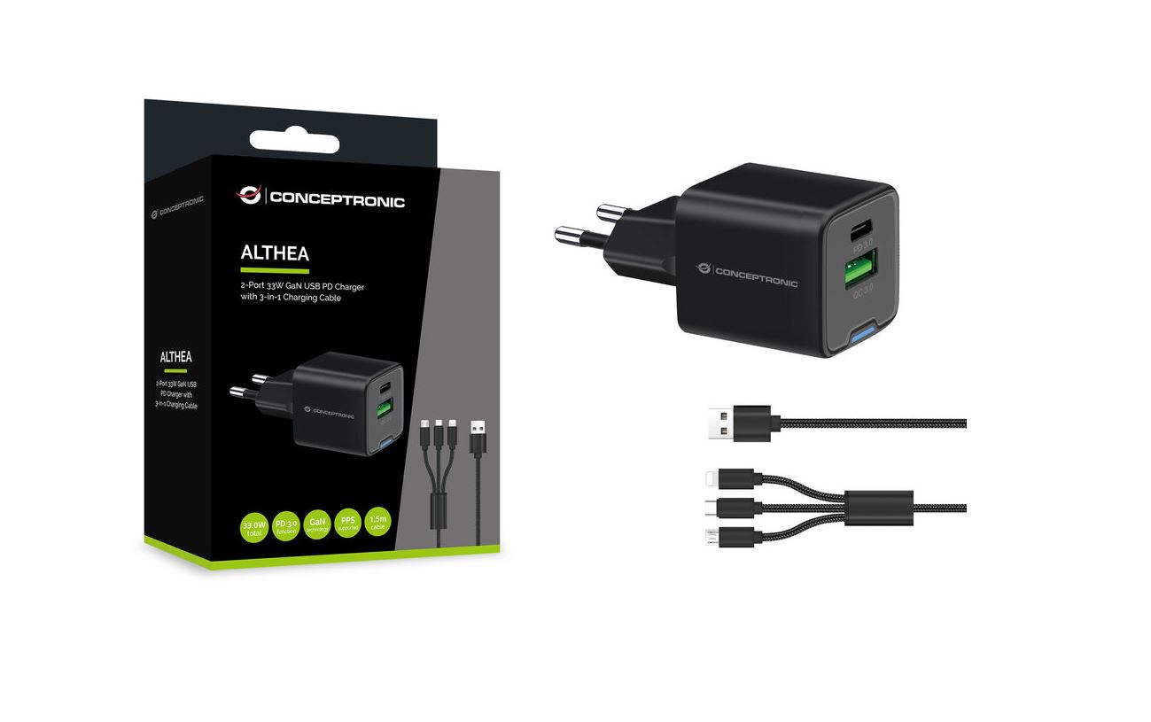 Conceptronic Ladegerät 2Port 33W 1xUSB-C 1xUSB-A+3-in-1 sw (ALTHEA16B)