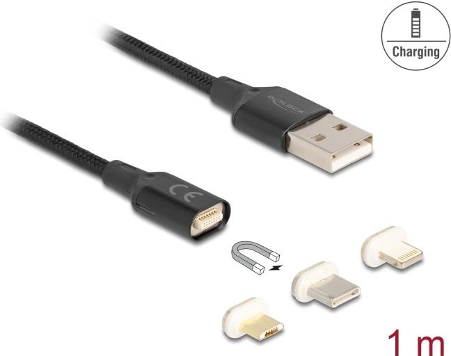 Delock Magnetisches Ladekabel Set für 8 Pin Lightning Micro USB Type-C schwarz 1 (88165)