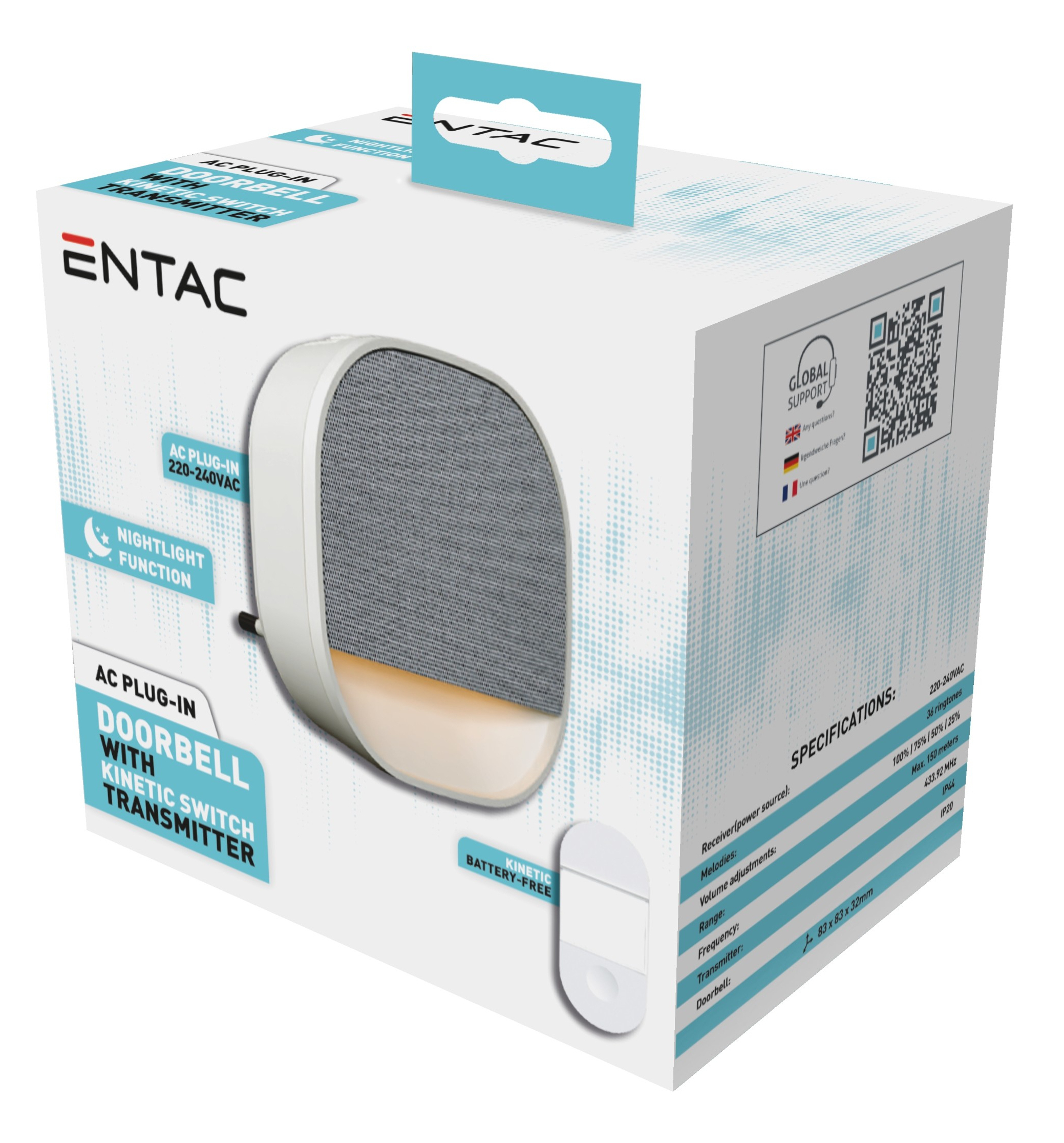 ENTAC Türklingel AC Plug-in Nachtlicht Kinetischer Schalter 150 m IP44 Weiß