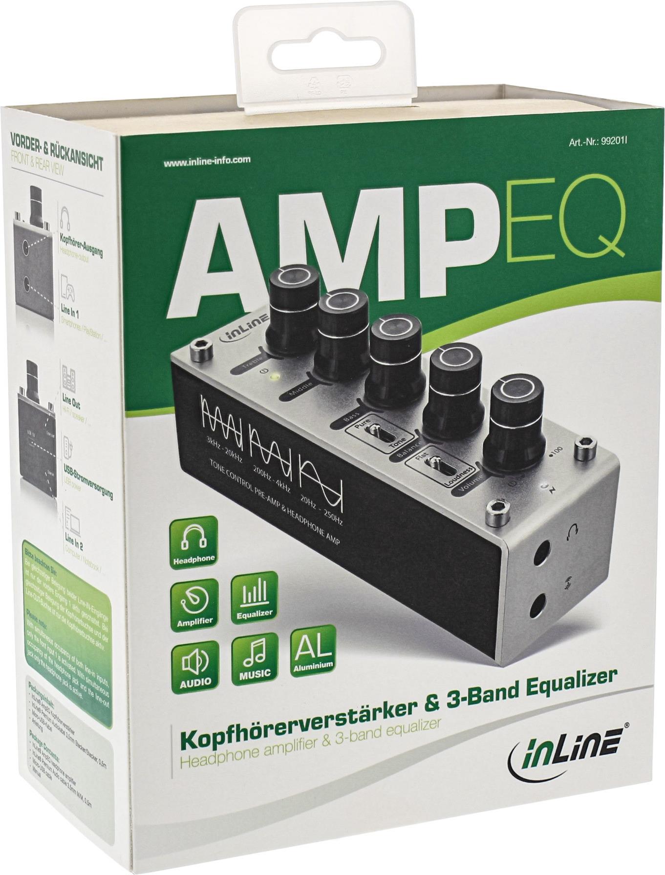 InLine AmpEQ Kopfhörer-Verstärker und Equalizer, 3-Band EQ, 3,5mm Klinke, USB powered, Silber