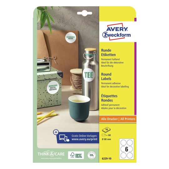 Avery Zweckform 6229-10 Etiketten Ø 80 mm Rund Permanent 60 Stück Weiß