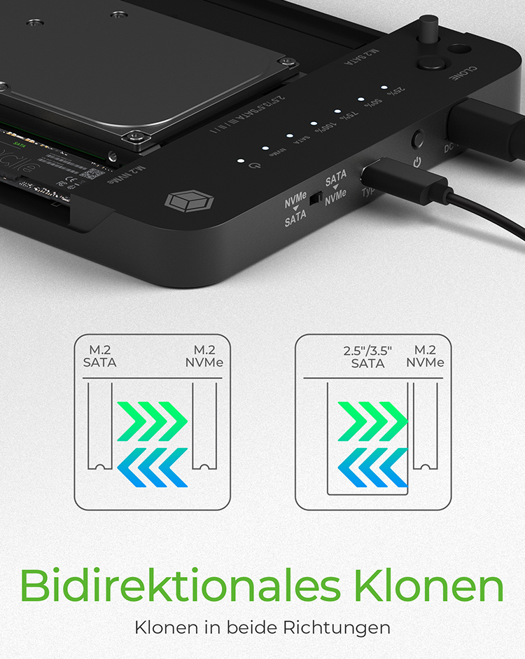 ICY BOX IB-2915MSCL-C31 Docking- und CloneStation für M.2 NVMe, M.2 SATA und 2,5"/3,5" SATA, USB 3.2 Gen 2, Schwarz