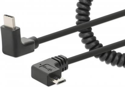 MANHATTAN Spiralkabel USB-C auf Micro-USB Ladekabel USB Typ-C-Stecker auf Typ Micro-B-Stecker, 1 m, verknotungsfreies, geringeltes Design, Winkelstecker, keine Datenübertragung, schwarz (356244)