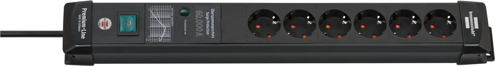 Brennenstuhl Premium-Line 6-fach ÜSS 60.000 A, 5m Steckdosenleiste 6-fach mit Überspannungsschutz bis zu 60.000 A, Entstörfilter EMI/RFI, mit Schalter, 5 m Kabel (1951160402)
