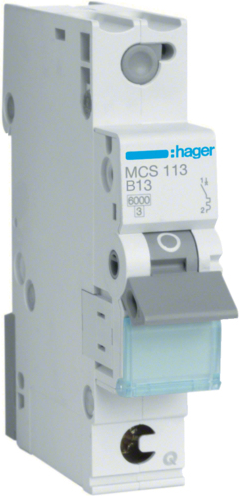 Hager MCS113. Nennstrom: 13 A, AC Eingangsfrequenz: 50/60 Hz. Typ: C-type, Module Menge (max): 1 Modul(e). Breite: 17,5 mm, Tiefe: 70 mm, Höhe: 83,4 mm (MCS113)
