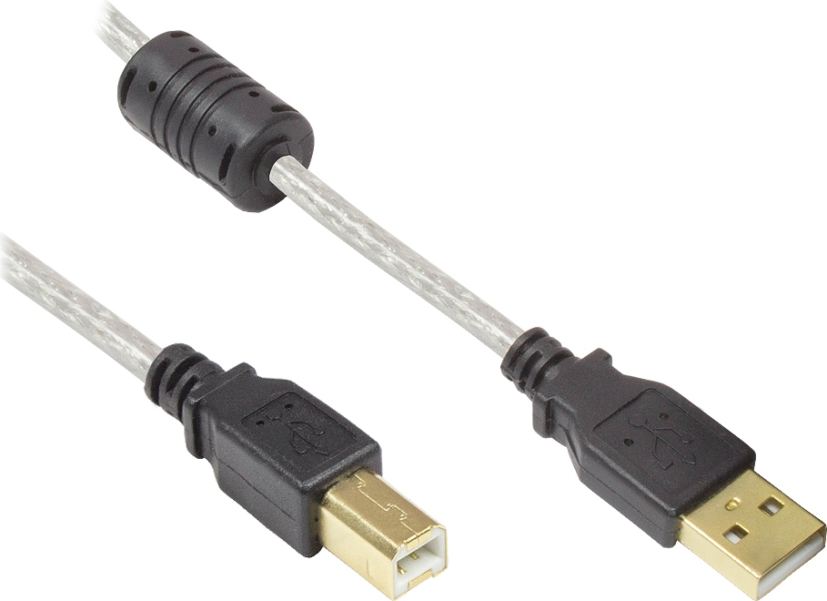 Anschlusskabel USB 2.0 Stecker A an Stecker B, High Quality mit Ferritkern und Goldkontakten, transparent, 0,5m, Good Connections (2510-05TQ)