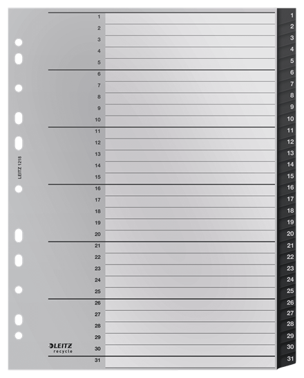Leitz Recycle 12180000 Tab-Register Numerischer Registerindex 1-31 A4 Maxi 31-teilig Schwarz, Weiß