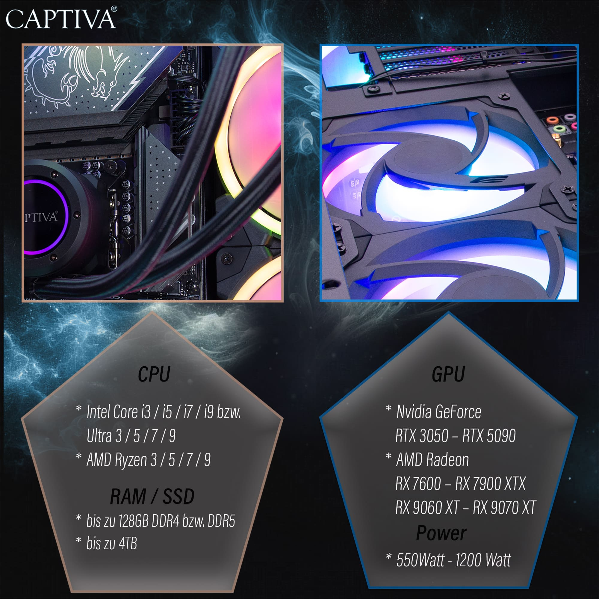 CAPTIVA Ultimate Gaming I89-513 Gaming PC Tower, Intel Core i9-14900KF, RTX 5090 32 GB, 64 GB RAM, 2 TB SSD, Windows 11 Home, Schwarz