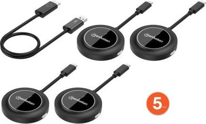 MANHATTAN 1080p Wireless HDMI-Display-Präsentationsset mit 4 USB-C-Sendemodulen 5-teiliges Set mit HDMI-Empfänger und vier USB-C Sender-Dongles zeigt kabellos ein Videosignal von einem Laptop/Tablet/Smartphone auf einem HDMI-Bildschirm oder -Beamer, schwarz (154635)